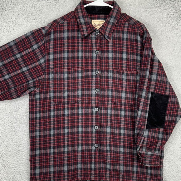 Woolrich Tops - Woolrich Flannel Shirt Womens Large Red Black Plaid Button Up Elbow Patch Casual